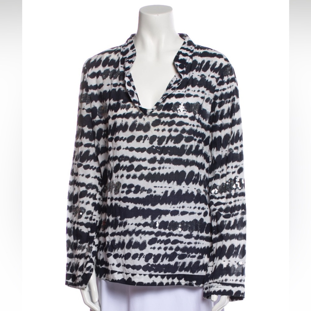 Tory Burch Printed V Neck Tunic Sequins Women’s 4 Long Sleeves Split Cuff Cotton